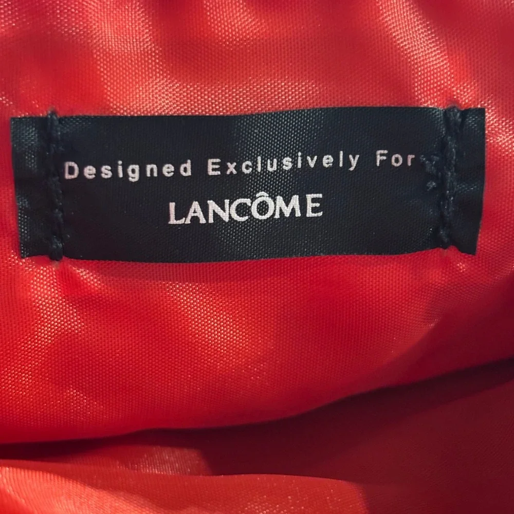 Lancome Red Canvas Makeup Bag Cosmetic Pouch White Zipper Trim Travel Case NEW